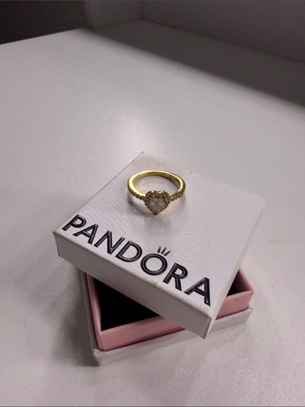Pandora Gold Heart Ring with Clear Stone and Pavé Band